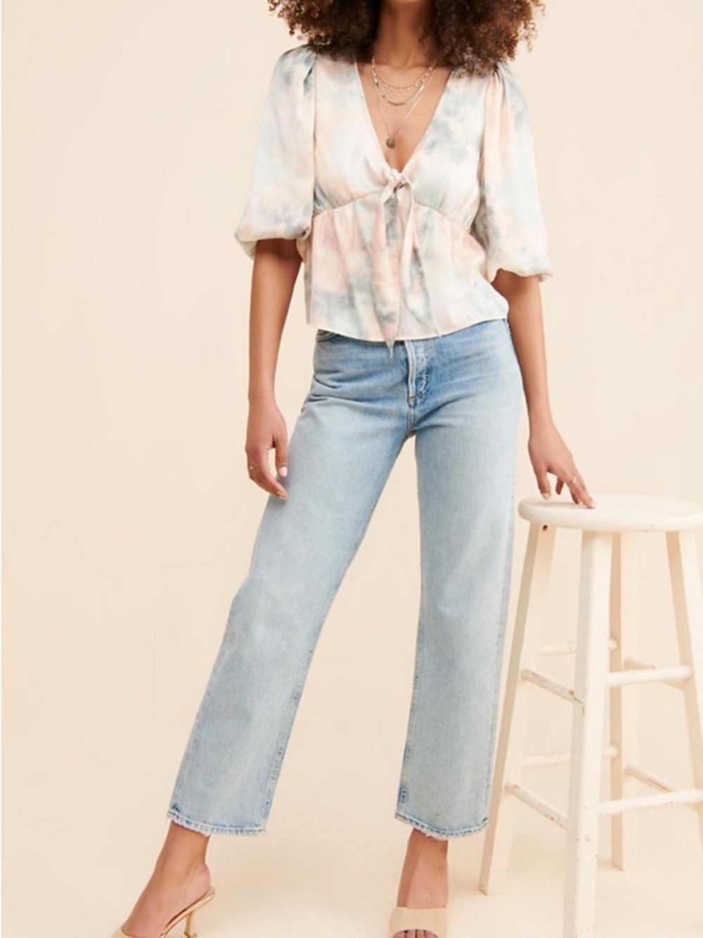 Saltwater Luxe Pastel Tie-Front Blouse – Puff Sleeve V-Neck Top Tie-Dye. Size S - Picture 8 of 8